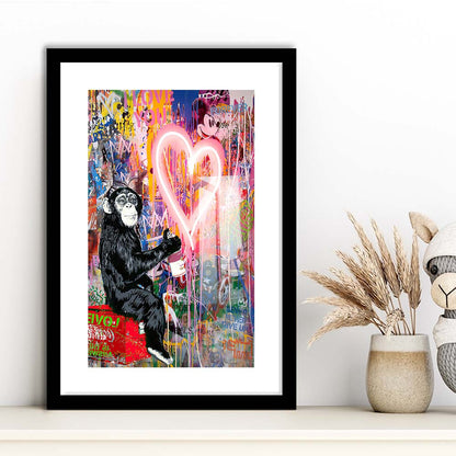 Monkey Heart, Neon Sign Effect, Framed Art Print, Luxury Pictures Framed, White Border