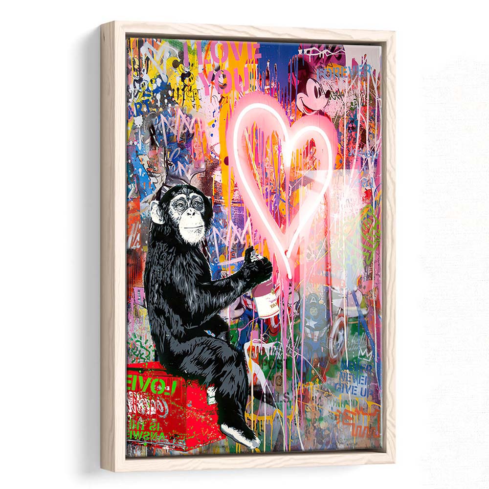 Monkey Heart, Neon Sign Effect, Framed Canvas Print, Floating Frame, Luxury Wall Art Decor