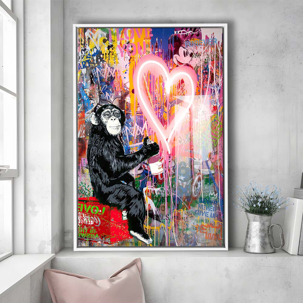 Monkey Heart, Neon Sign Effect, Framed Canvas Print, Floating Frame, Luxury Wall Art Decor