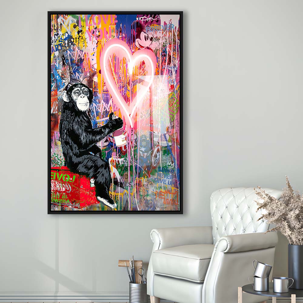 Monkey Heart, Neon Sign Effect, Framed Canvas Print, Floating Frame, Luxury Wall Art Decor