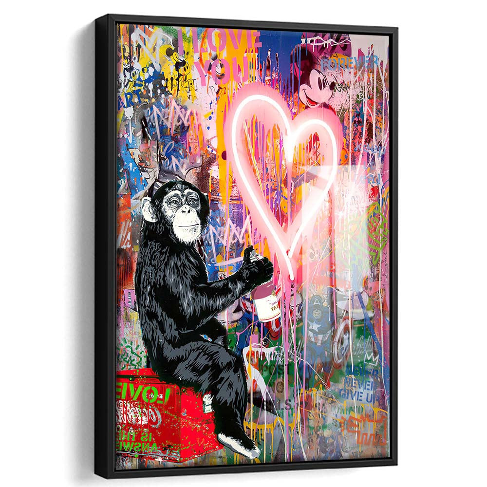 Monkey Heart, Neon Sign Effect, Framed Canvas Print, Floating Frame, Luxury Wall Art Decor