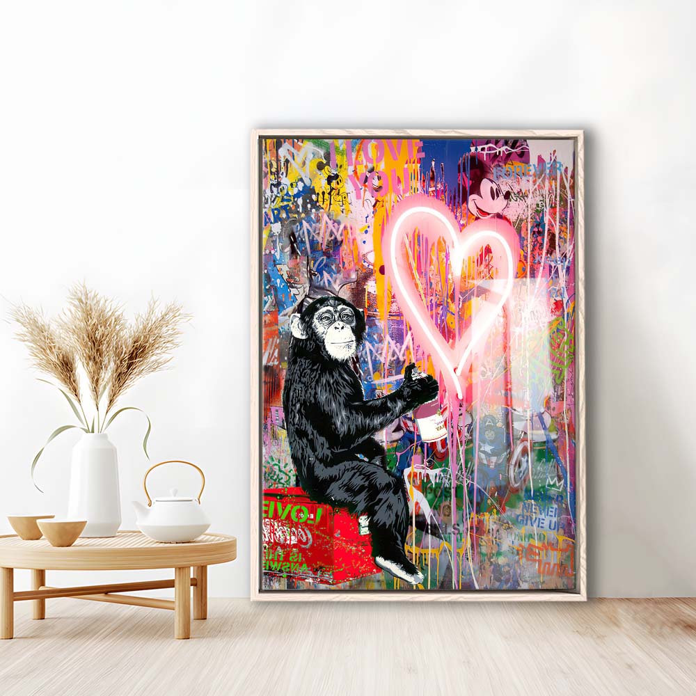 Monkey Heart, Neon Sign Effect, Framed Canvas Print, Floating Frame, Luxury Wall Art Decor