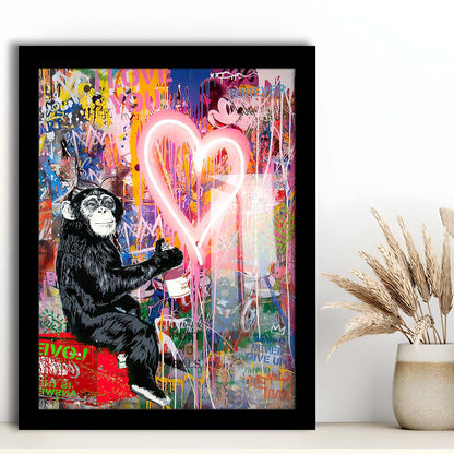 Monkey Heart, Neon Sign Effect, Framed Art Print, Picture Framed Wall Art Decor