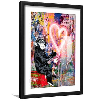 Monkey Heart, Neon Sign Effect, Framed Art Print, Luxury Pictures Framed, White Border
