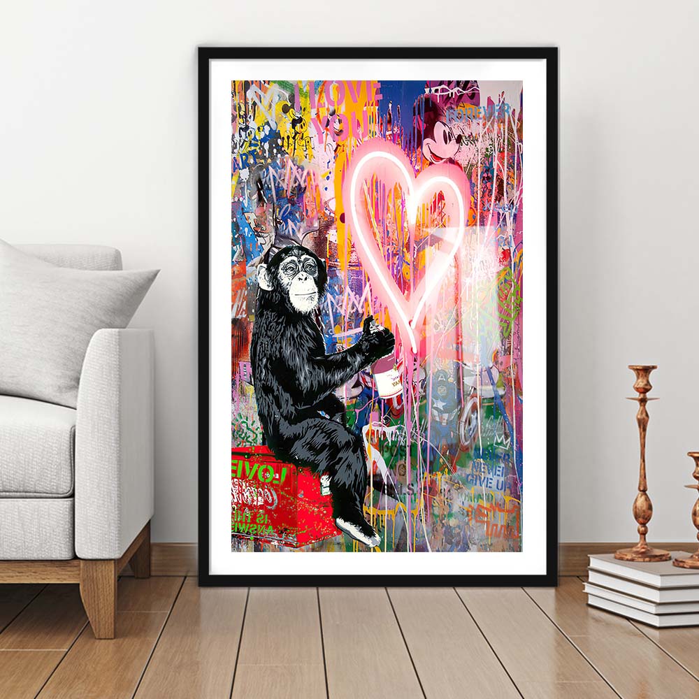 Monkey Heart, Neon Sign Effect, Framed Art Print, Luxury Pictures Framed, White Border