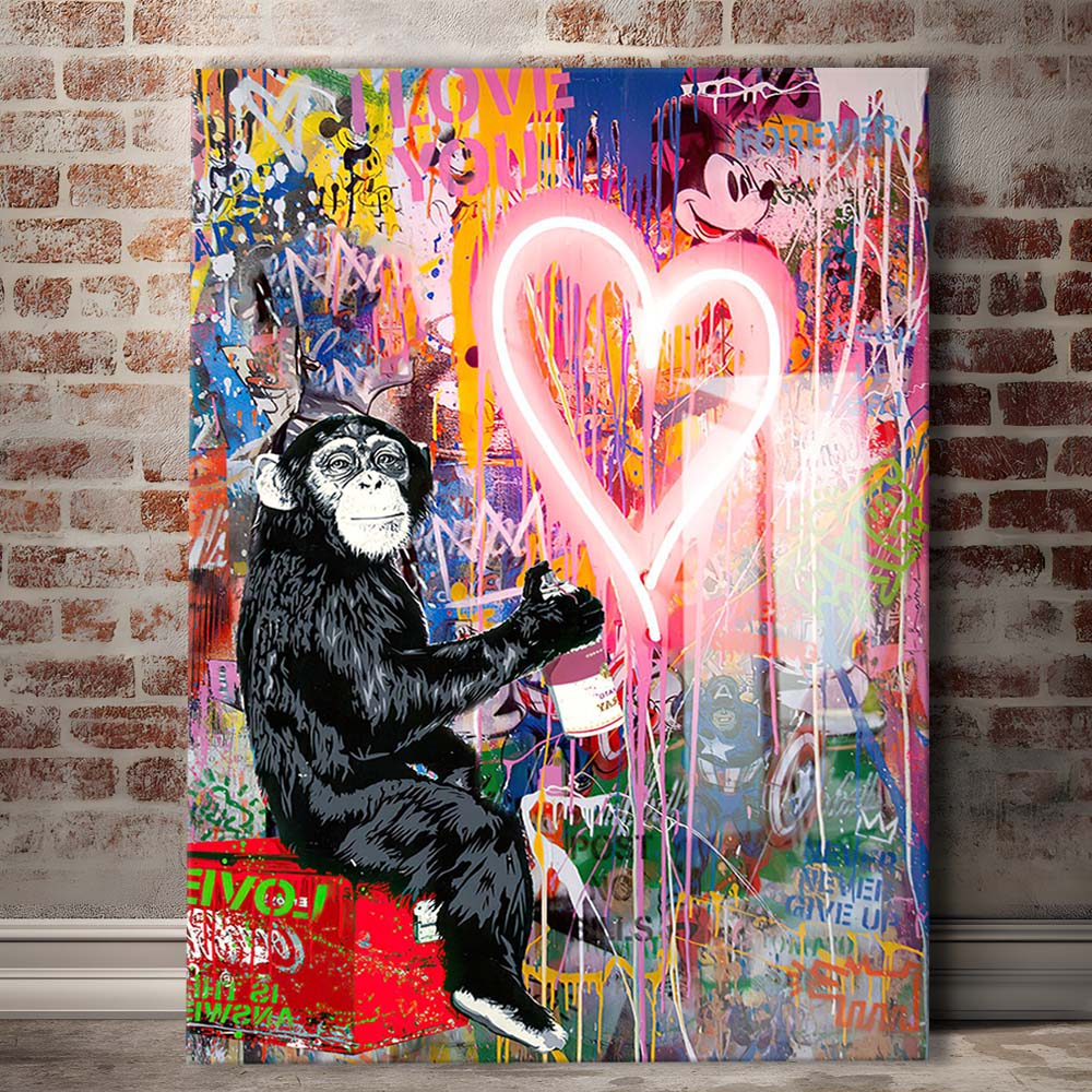 Monkey Heart, Neon Sign Effect, Canvas Print, Luxury Wall Art Decor, Modern Art