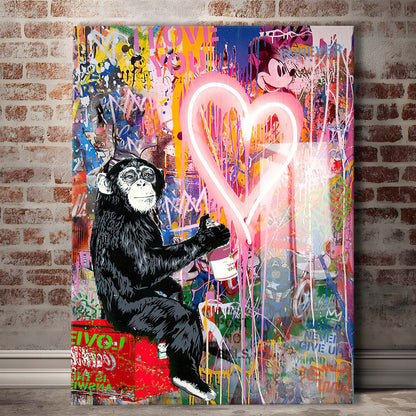 Monkey Heart, Neon Sign Effect, Canvas Print, Luxury Wall Art Decor, Modern Art