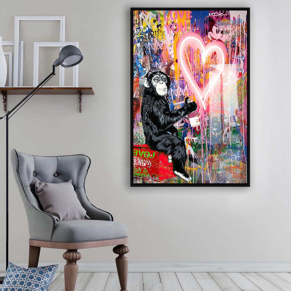 Monkey Heart, Neon Sign Effect, Framed Canvas Print, Floating Frame, Luxury Wall Art Decor