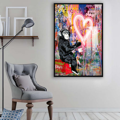 Monkey Heart, Neon Sign Effect, Framed Canvas Print, Floating Frame, Luxury Wall Art Decor