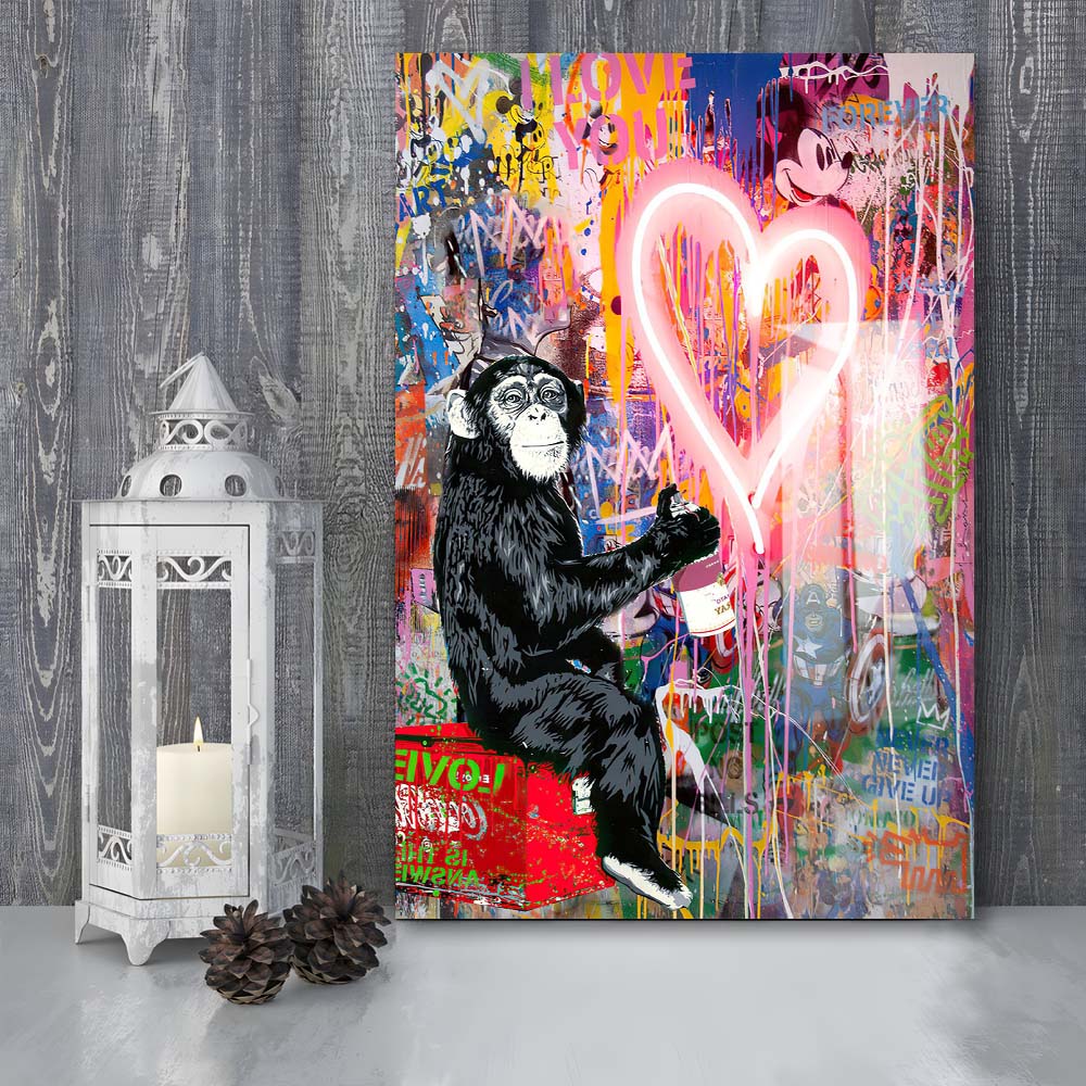 Monkey Heart, Neon Sign Effect, Canvas Print, Luxury Wall Art Decor, Modern Art