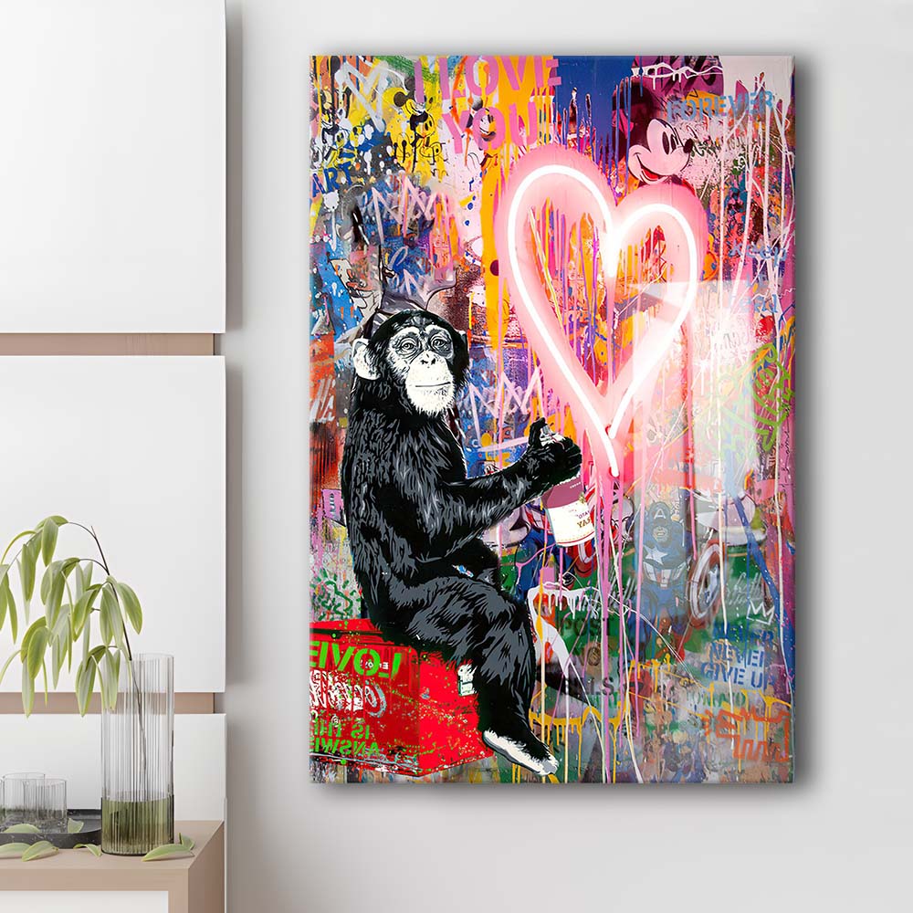 Monkey Heart, Neon Sign Effect, Canvas Print, Luxury Wall Art Decor, Modern Art