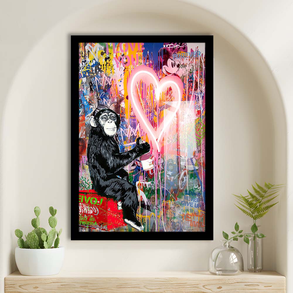 Monkey Heart, Neon Sign Effect, Framed Art Print, Picture Framed Wall Art Decor