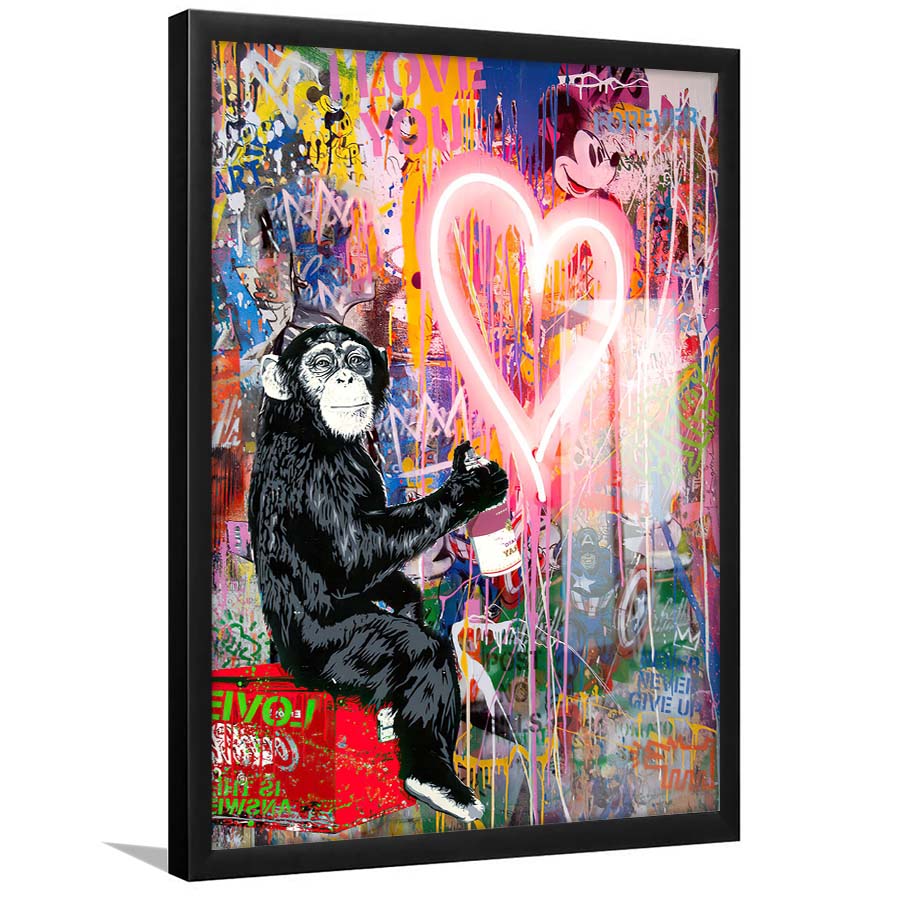 Monkey Heart, Neon Sign Effect, Framed Art Print, Picture Framed Wall Art Decor