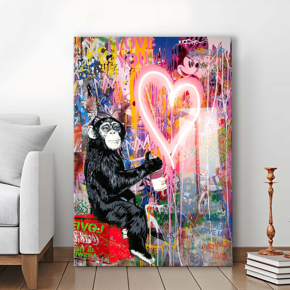 Monkey Heart, Neon Sign Effect, Canvas Print, Luxury Wall Art Decor, Modern Art