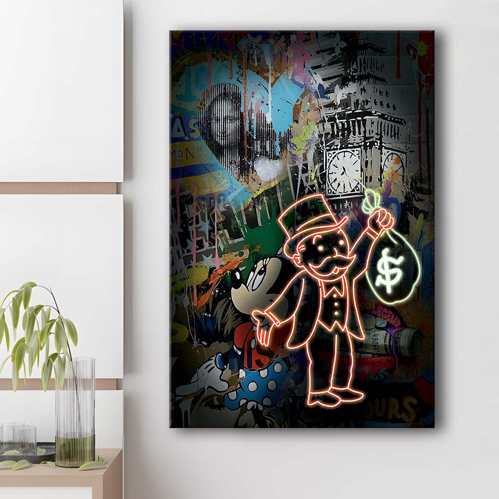 Monopoly Bag Boy, Neon Sign Effect, Canvas Print, Luxury Wall Art Decor, Modern Art