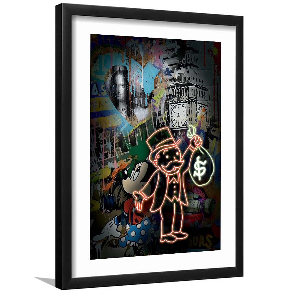 Monopoly Bag Boy, Neon Sign Effect, Framed Art Print, Luxury Pictures Framed, White Border
