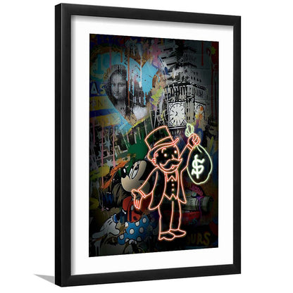 Monopoly Bag Boy, Neon Sign Effect, Framed Art Print, Luxury Pictures Framed, White Border