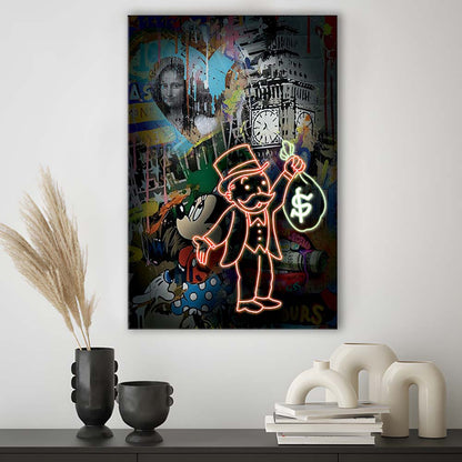 Monopoly Bag Boy, Neon Sign Effect, Canvas Print, Luxury Wall Art Decor, Modern Art