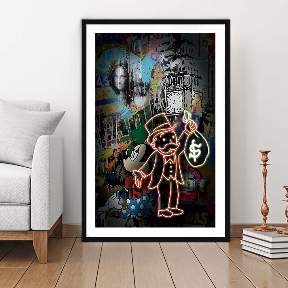 Monopoly Bag Boy, Neon Sign Effect, Framed Art Print, Luxury Pictures Framed, White Border