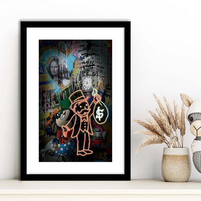 Monopoly Bag Boy, Neon Sign Effect, Framed Art Print, Luxury Pictures Framed, White Border