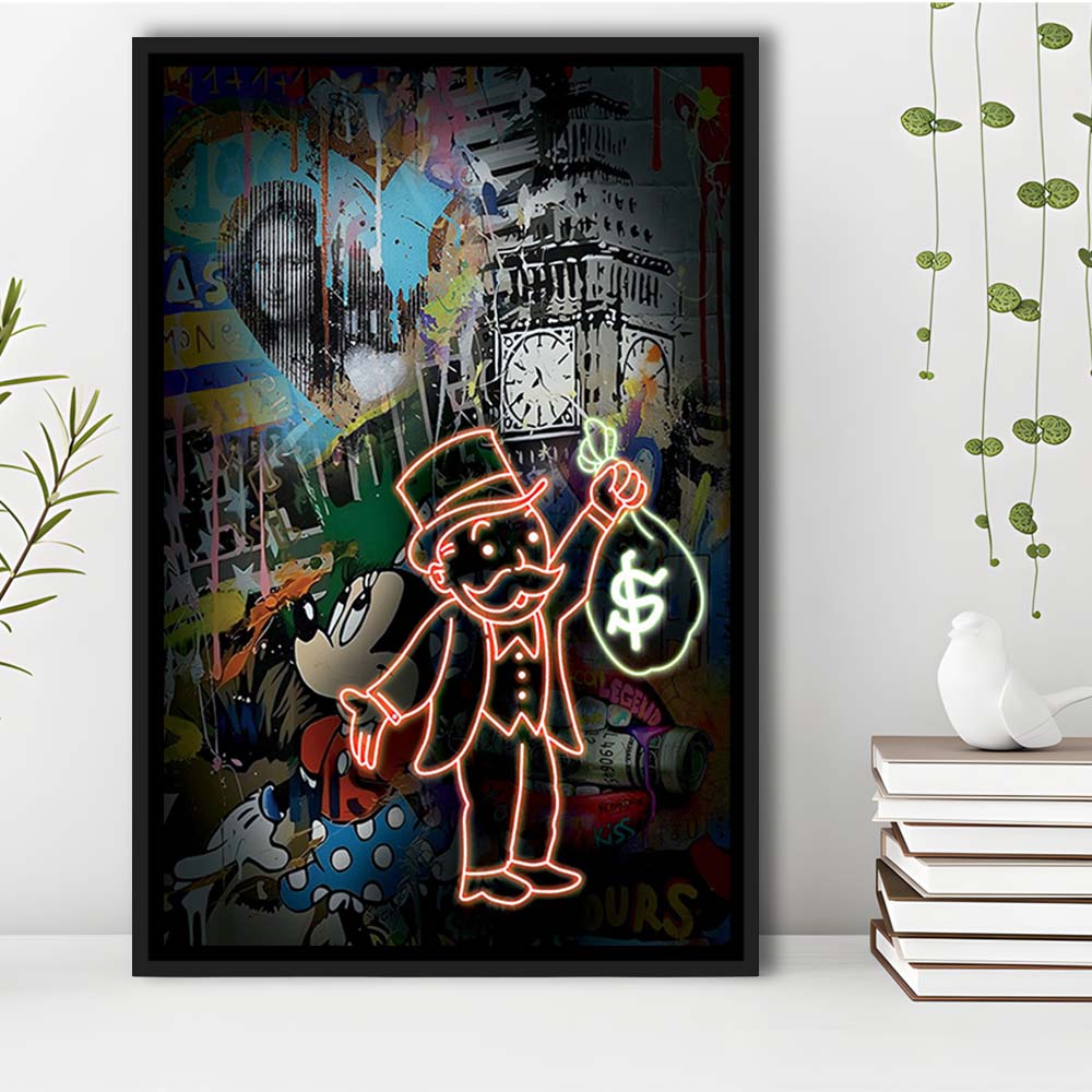 Monopoly Bag Boy, Neon Sign Effect, Framed Canvas Print, Floating Frame, Luxury Wall Art Decor