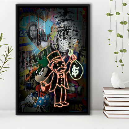 Monopoly Bag Boy, Neon Sign Effect, Framed Canvas Print, Floating Frame, Luxury Wall Art Decor