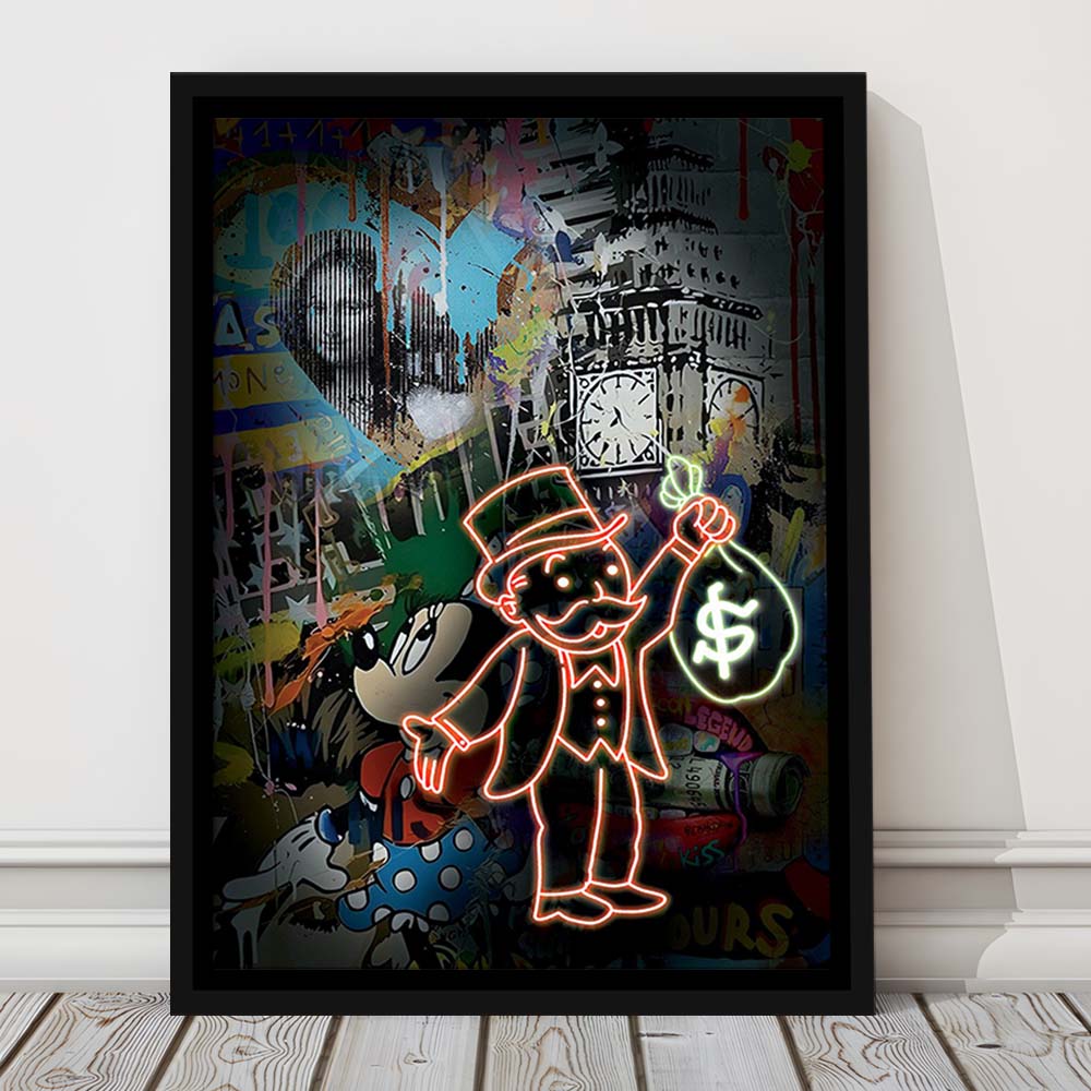 Monopoly Bag Boy, Neon Sign Effect, Framed Canvas Print, Floating Frame, Luxury Wall Art Decor