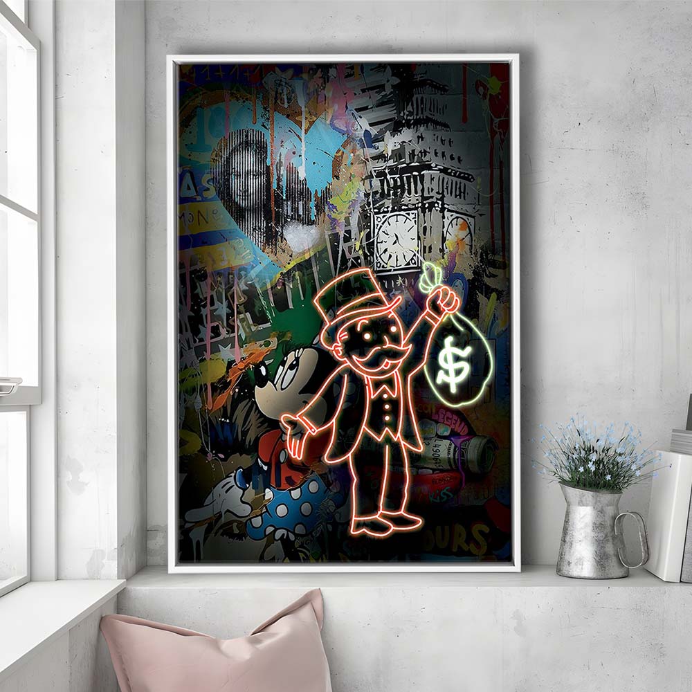 Monopoly Bag Boy, Neon Sign Effect, Framed Canvas Print, Floating Frame, Luxury Wall Art Decor
