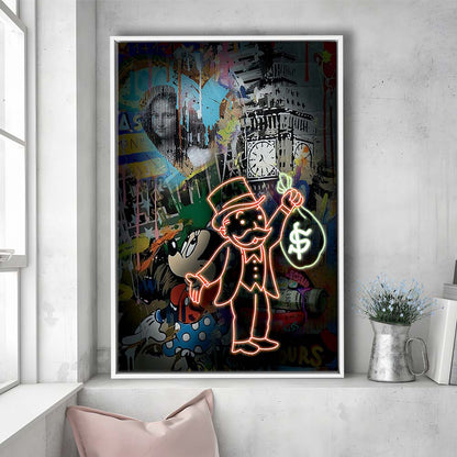 Monopoly Bag Boy, Neon Sign Effect, Framed Canvas Print, Floating Frame, Luxury Wall Art Decor