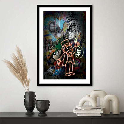 Monopoly Bag Boy, Neon Sign Effect, Framed Art Print, Luxury Pictures Framed, White Border