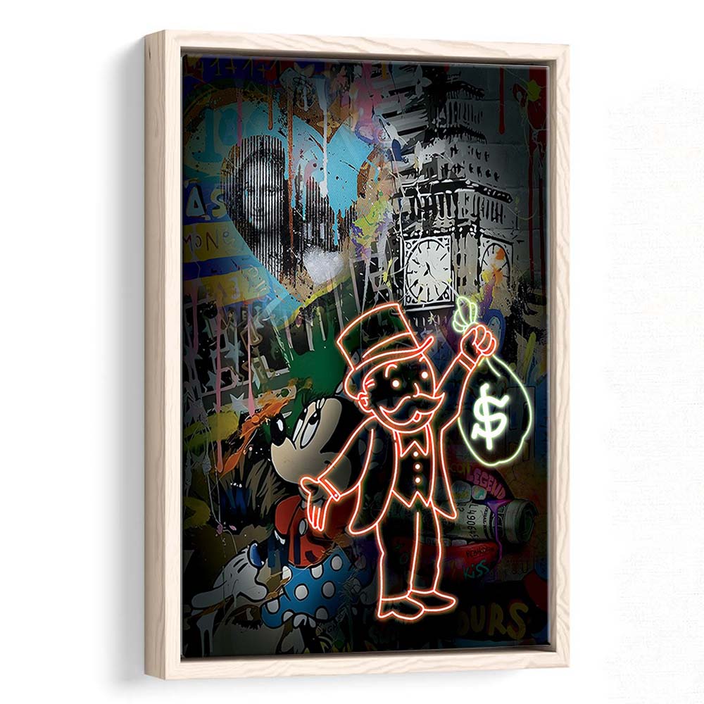 Monopoly Bag Boy, Neon Sign Effect, Framed Canvas Print, Floating Frame, Luxury Wall Art Decor