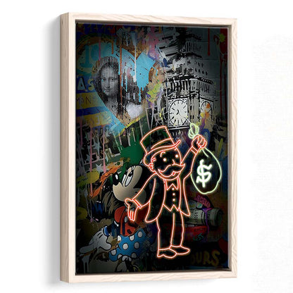 Monopoly Bag Boy, Neon Sign Effect, Framed Canvas Print, Floating Frame, Luxury Wall Art Decor