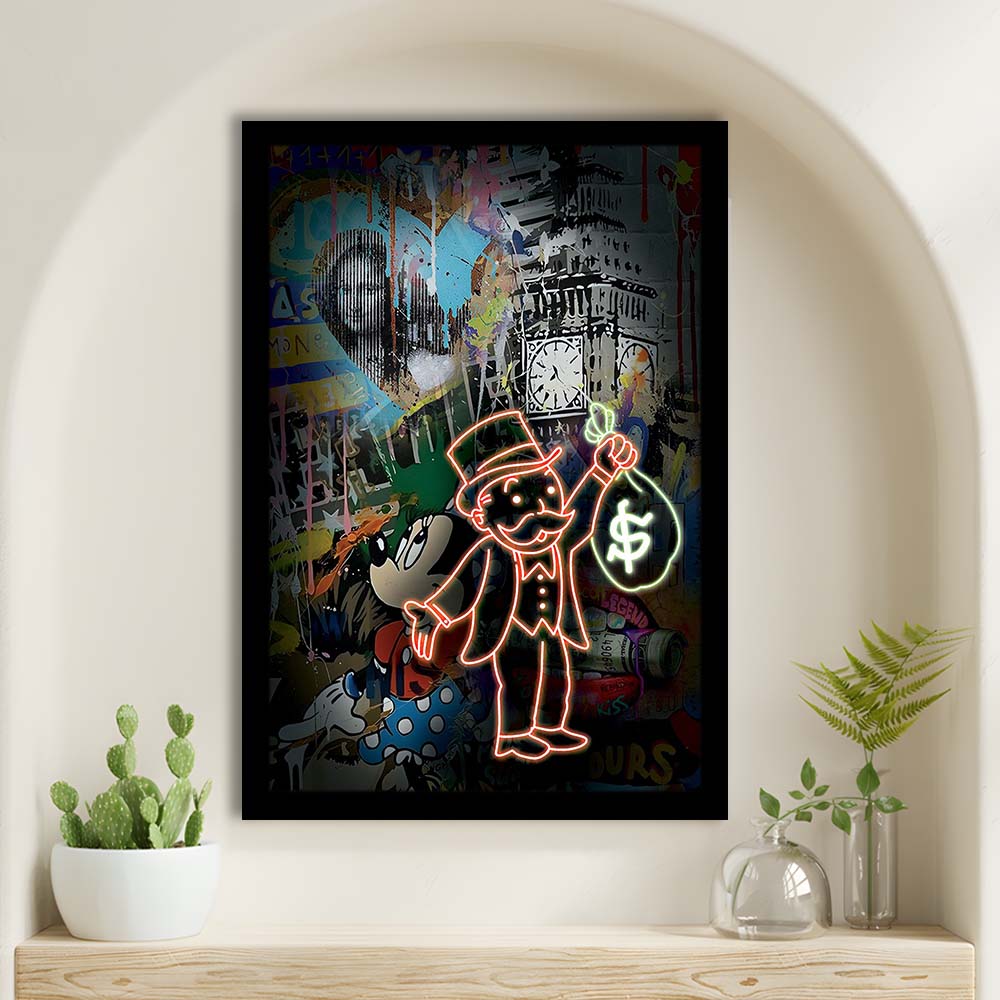 Monopoly Bag Boy, Neon Sign Effect, Framed Art Print, Picture Framed Wall Art Decor