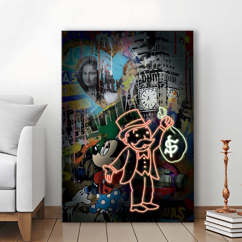 Monopoly Bag Boy, Neon Sign Effect, Canvas Print, Luxury Wall Art Decor, Modern Art