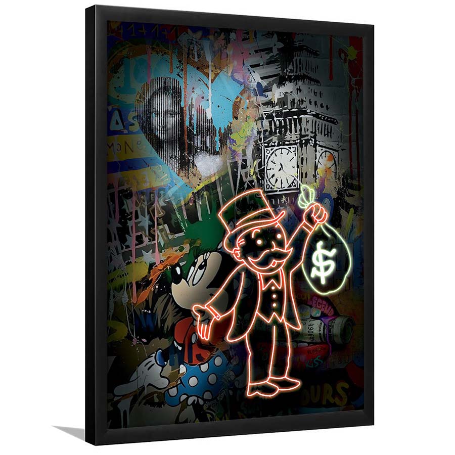 Monopoly Bag Boy, Neon Sign Effect, Framed Art Print, Picture Framed Wall Art Decor