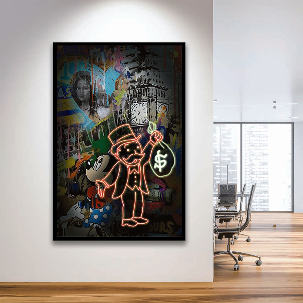 Monopoly Bag Boy, Neon Sign Effect, Framed Art Print, Picture Framed Wall Art Decor