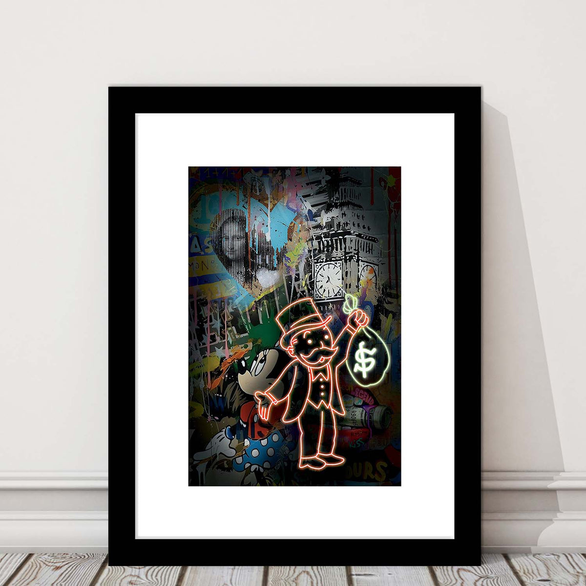 Monopoly Bag Boy, Neon Sign Effect, Framed Art Print, Luxury Pictures Framed, White Border