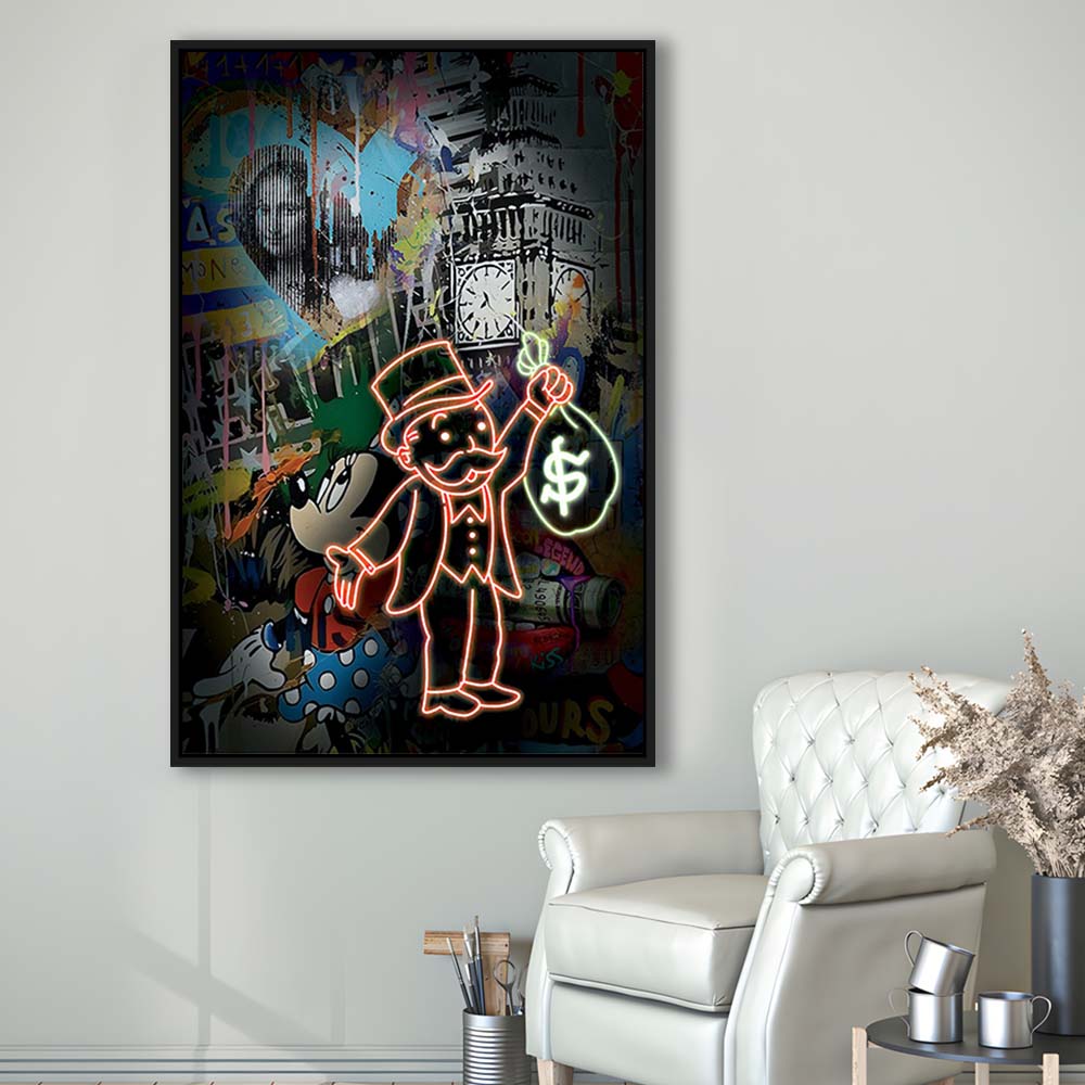 Monopoly Bag Boy, Neon Sign Effect, Framed Canvas Print, Floating Frame, Luxury Wall Art Decor