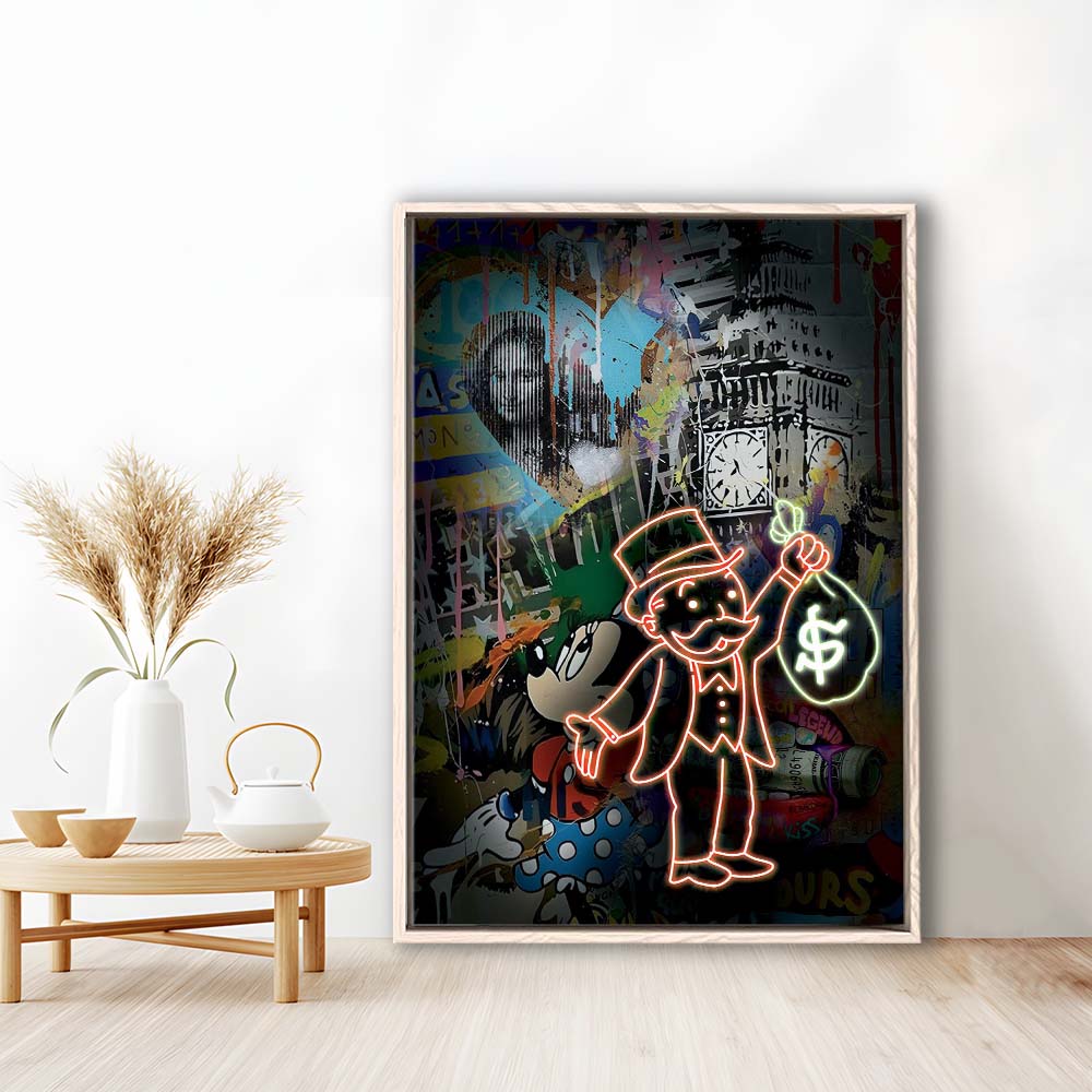 Monopoly Bag Boy, Neon Sign Effect, Framed Canvas Print, Floating Frame, Luxury Wall Art Decor