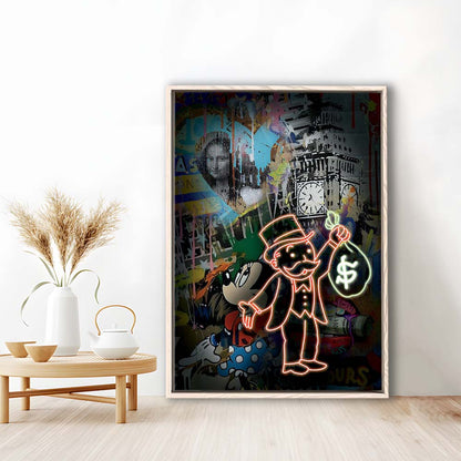 Monopoly Bag Boy, Neon Sign Effect, Framed Canvas Print, Floating Frame, Luxury Wall Art Decor