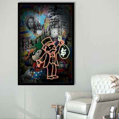Monopoly Bag Boy, Neon Sign Effect, Framed Art Print, Picture Framed Wall Art Decor