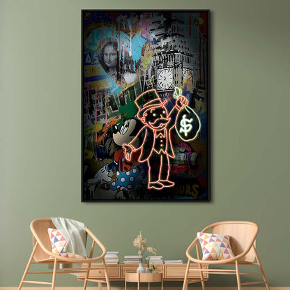Monopoly Bag Boy, Neon Sign Effect, Framed Canvas Print, Floating Frame, Luxury Wall Art Decor