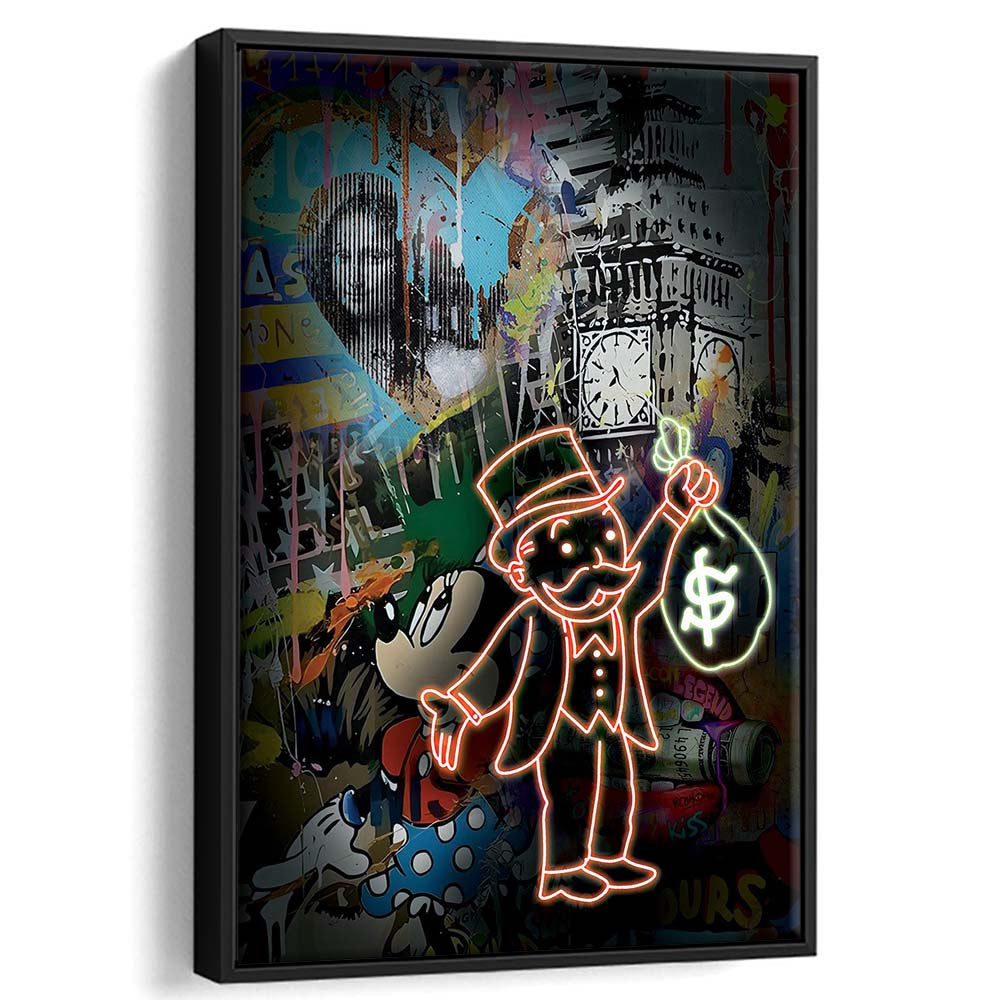 Monopoly Bag Boy, Neon Sign Effect, Framed Canvas Print, Floating Frame, Luxury Wall Art Decor