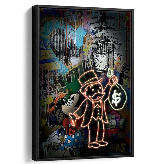 Monopoly Bag Boy, Neon Sign Effect, Framed Canvas Print, Floating Frame, Luxury Wall Art Decor