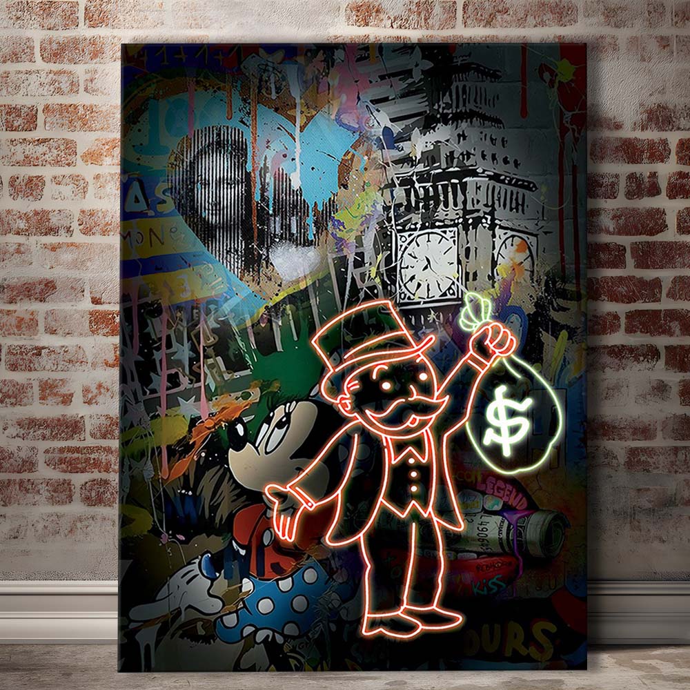 Monopoly Bag Boy, Neon Sign Effect, Canvas Print, Luxury Wall Art Decor, Modern Art