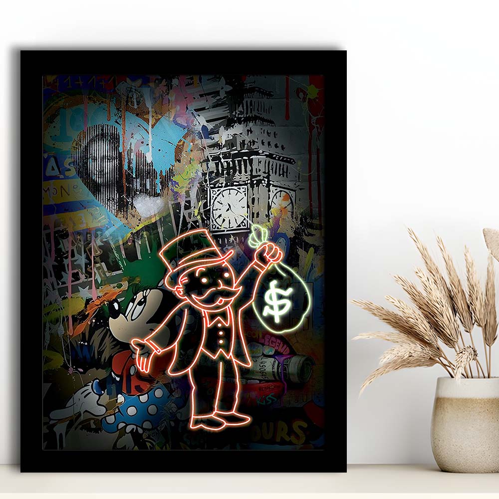 Monopoly Bag Boy, Neon Sign Effect, Framed Art Print, Picture Framed Wall Art Decor