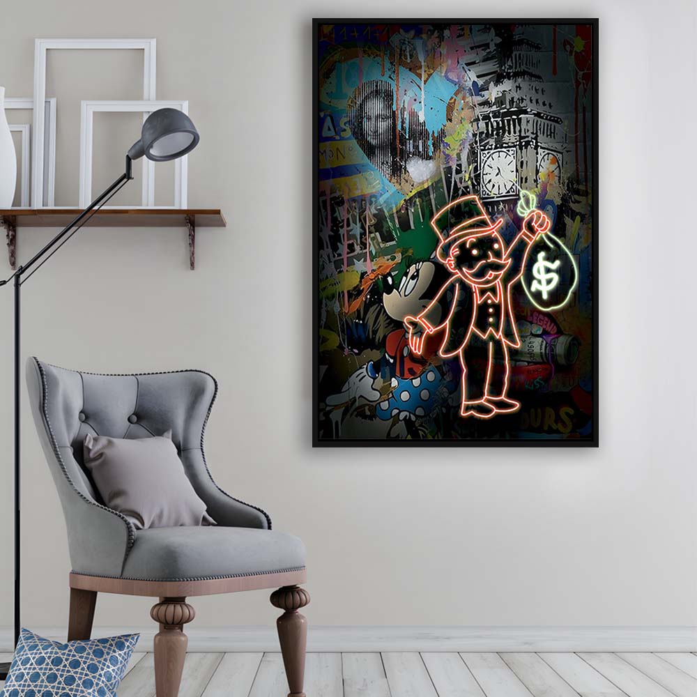 Monopoly Bag Boy, Neon Sign Effect, Framed Canvas Print, Floating Frame, Luxury Wall Art Decor