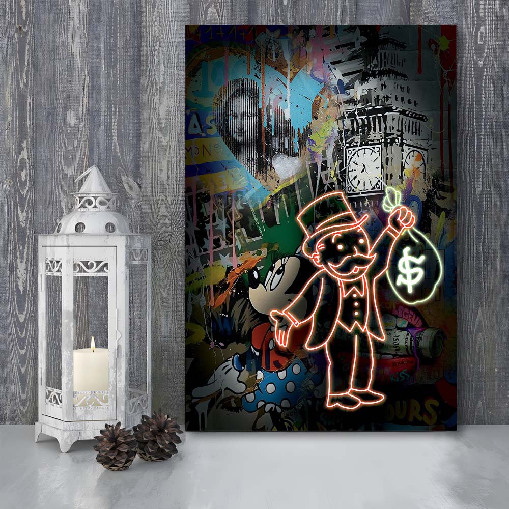 Monopoly Bag Boy, Neon Sign Effect, Canvas Print, Luxury Wall Art Decor, Modern Art