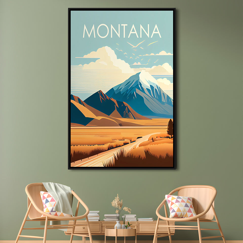 Montana Retro Art Print, Montana City Wall Art, Floating Framed Canvas Print, Framed Picture, Painting Canvas
