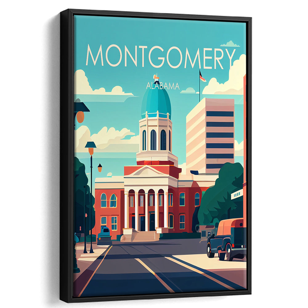Montgomery Alabama Retro Art Print, Montgomery City Wall Art, Floating Framed Canvas Print, Framed Picture, Painting Canvas